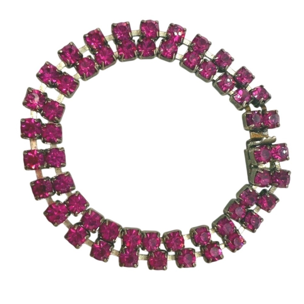 Fuchsia Pink Rhinestone Tennis Bracelet Vintage Silverโ Tone Sparkly Girly Glam